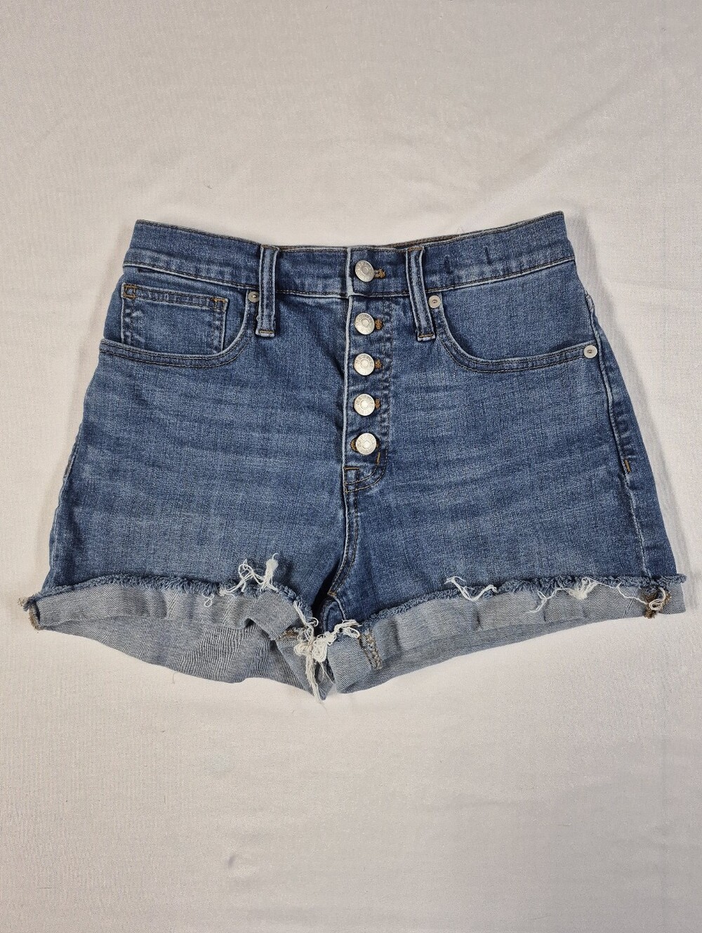 Madewell High-Rise Button Front Denim Shorts Raw Hem Cuffed Blue Size 25